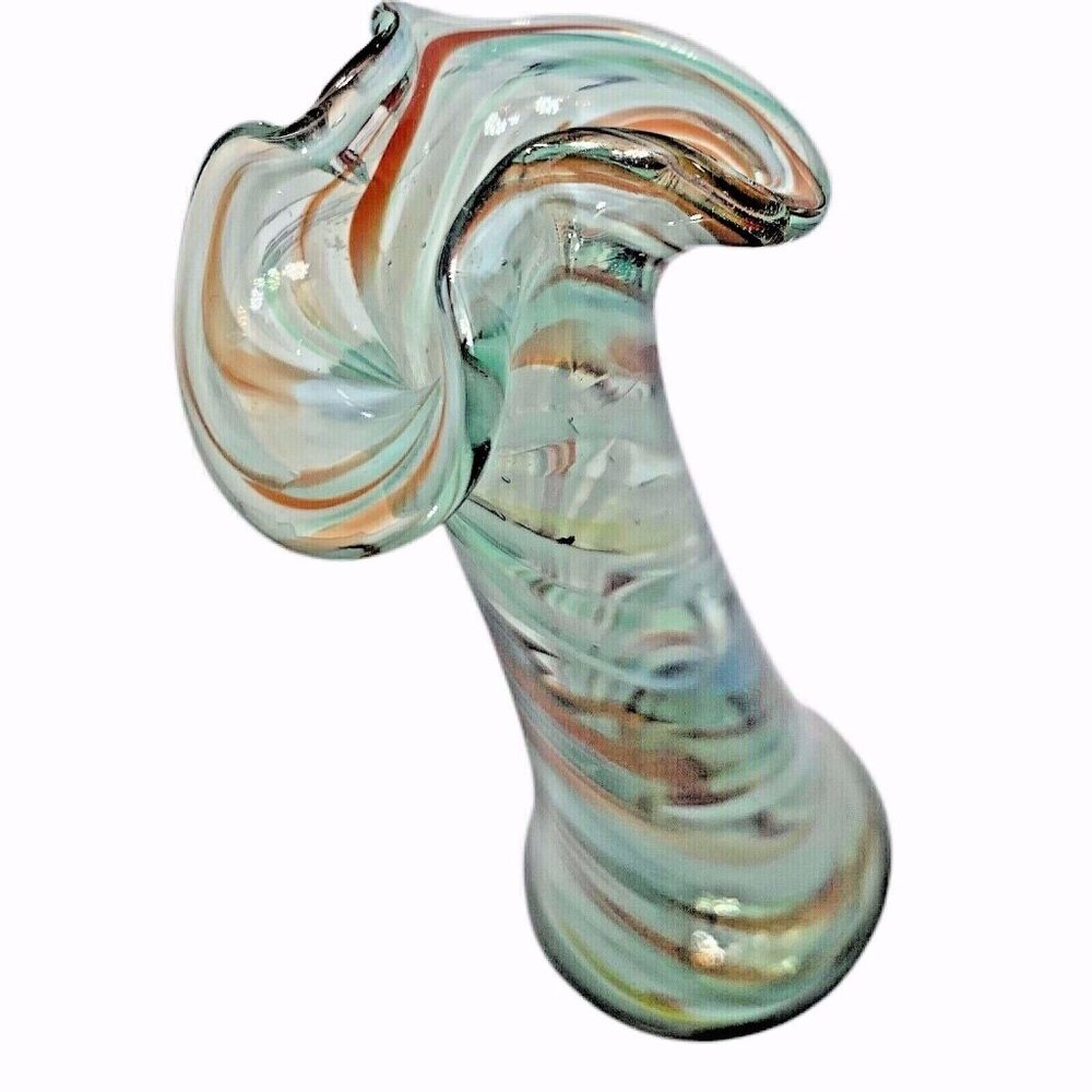 Vintage Art Glass Ruffled Vase Swirl Cased Ox Blood Blue Green Handblown 6.25"